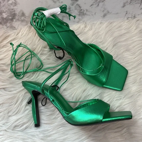 NWOT Zara Metallic Green Lace-up Leather Sandals, Size 7.5 - Picture 7 of 17
